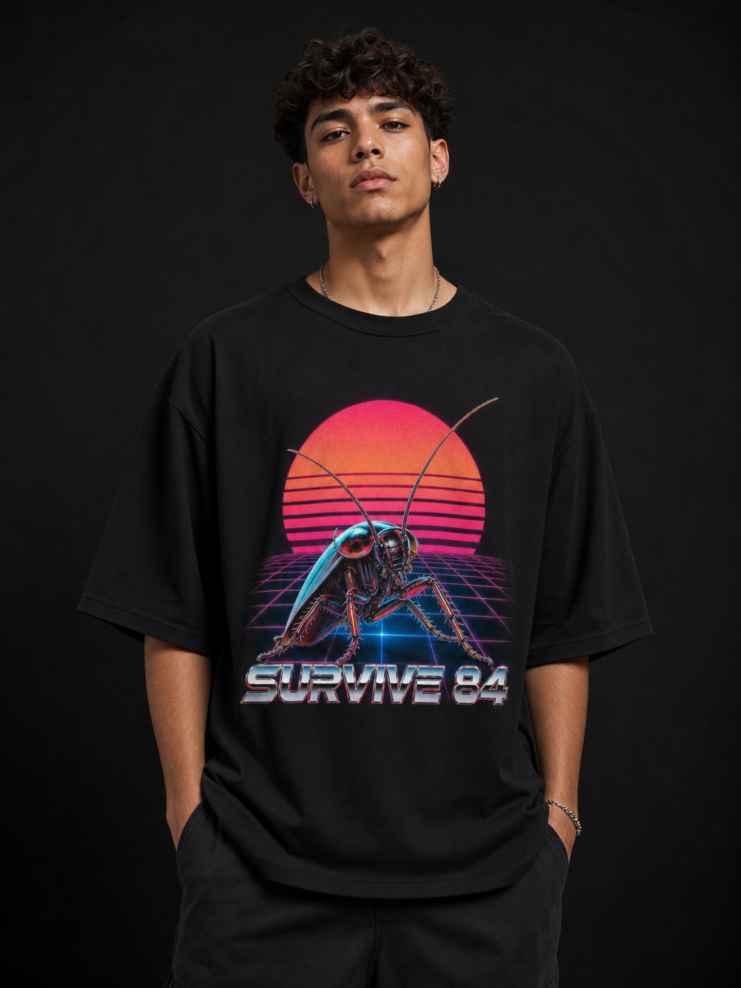 Synthwave Roach – Cockroach Janta Party Oversized T-Shirt